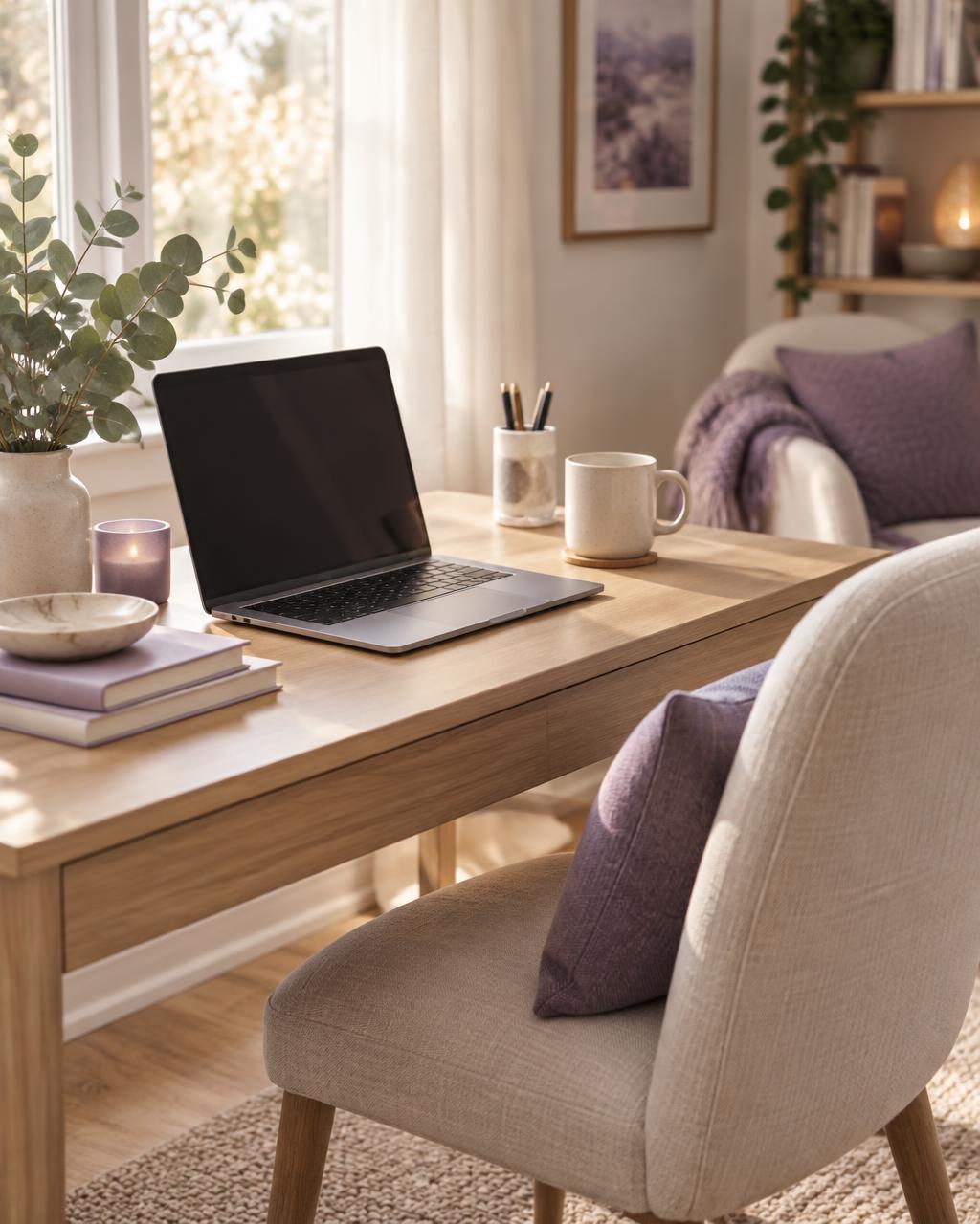 A calm home workspace set up for an online therapy video session